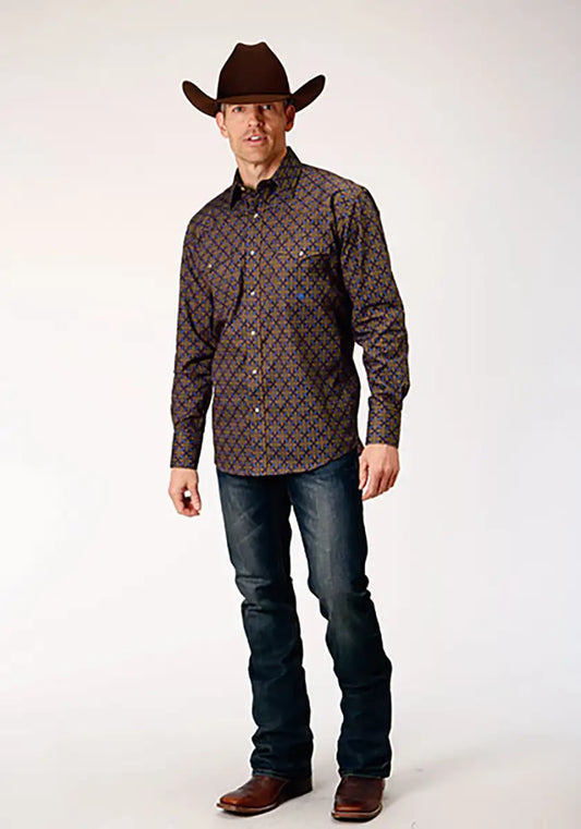Roper Denim Blue Diamond Medallion (Brown) - Men's Western Shirt