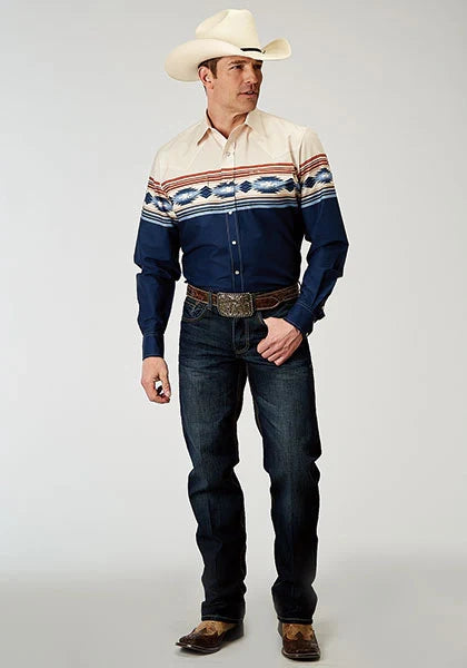 Roper 1906 Distressed Aztec Border (Navy) - Men's Western Shirt