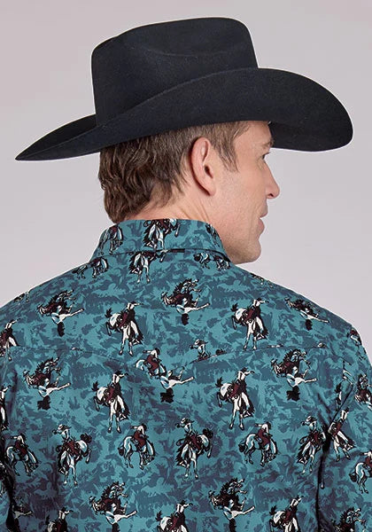 Roper 2627 Brushstroke Cowboys Print (Blue) - Men's Western Shirt
