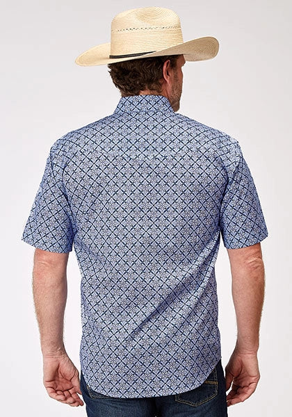Roper 1932 Blue Skies Tie Print (Blue) - Men's Short Sleeve Shirt