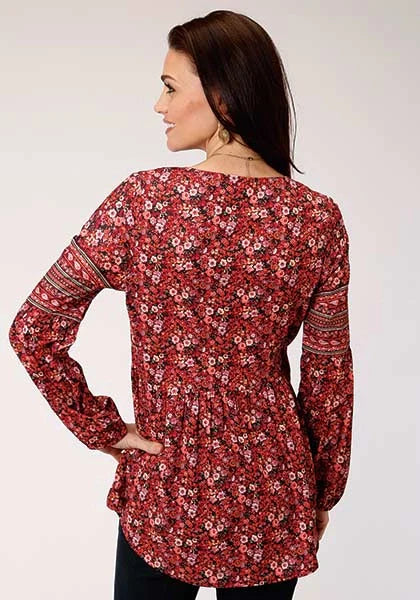 Roper 00339 Border Print (Red) - Women's Western Blouse