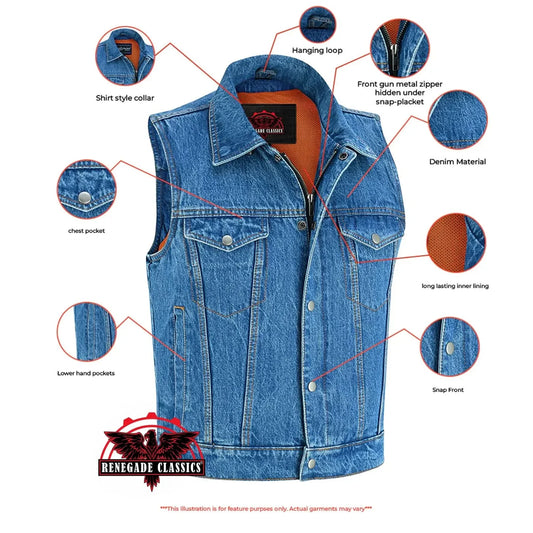 Blue Men's denim motorcycle vest with Snap/Zipper Front