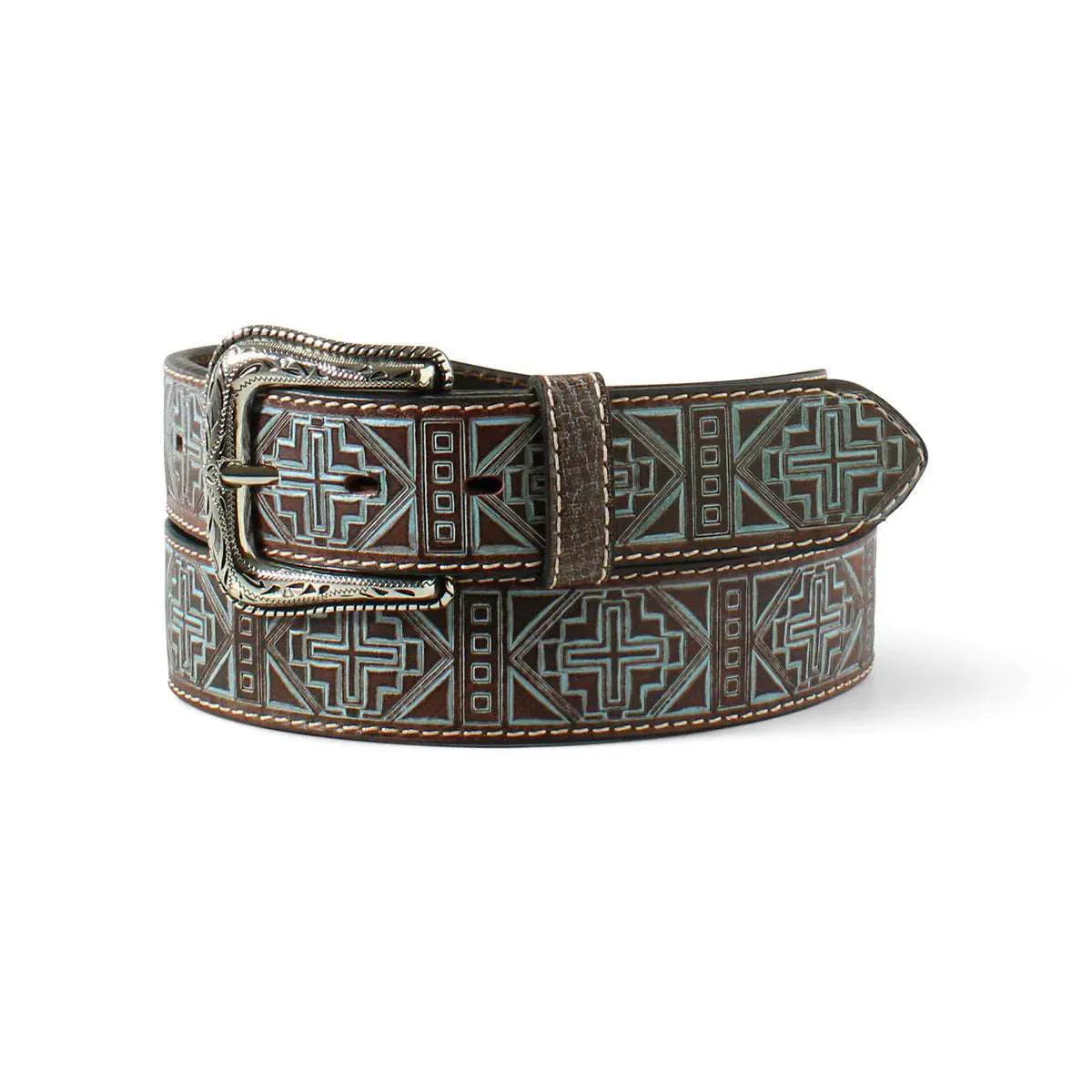 Ariat Blue Tooled Aztec Cross- Womans Leather Belt