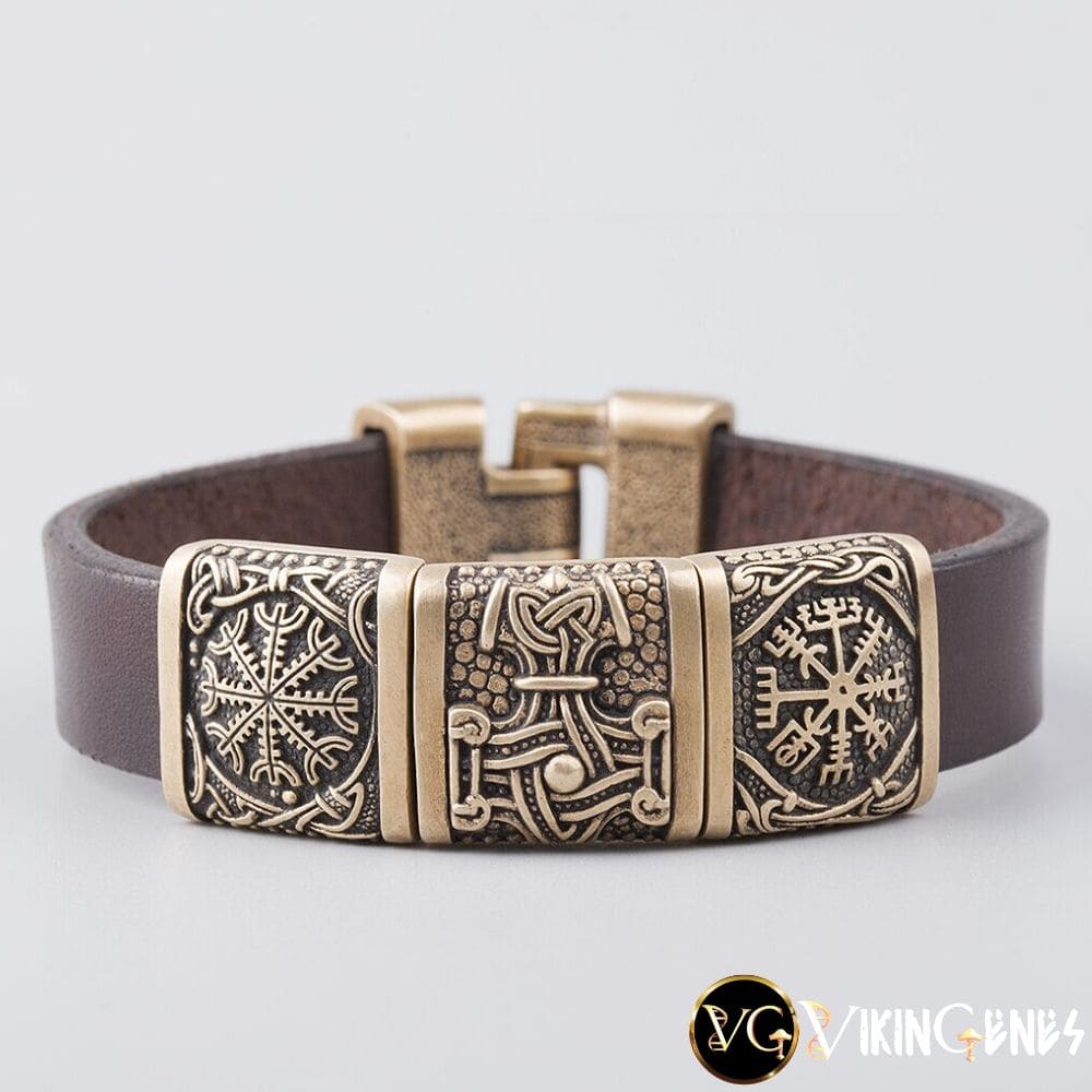 Viking Leather & Bronze Helm of Awe - Mjolnir - Vegvisir bracelet