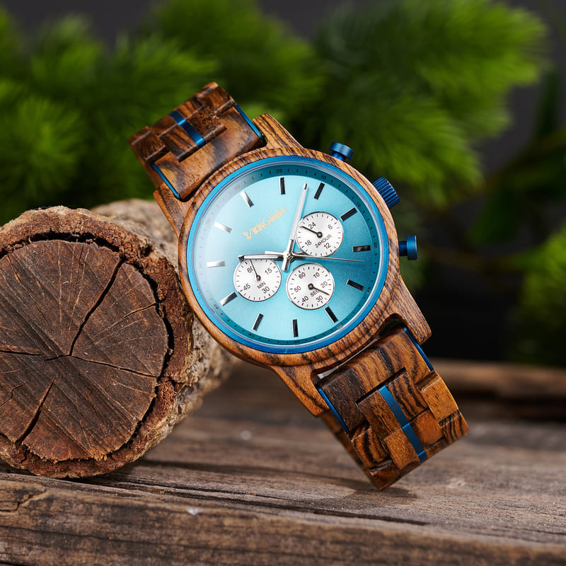 Blue & Zebrawood Chronograph Wooden Watch