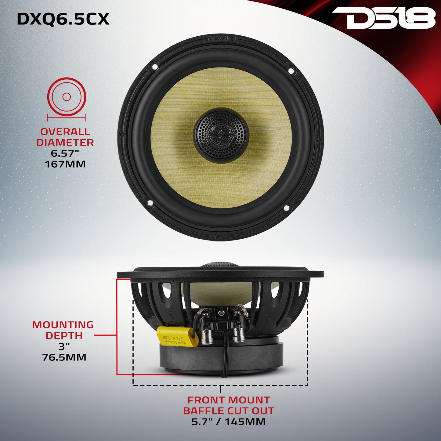 DXQ 6.5" 2-Way Coaxial Speaker with Yellow Straw and Composite Foam Cone | 150W RMS 4-Ohm