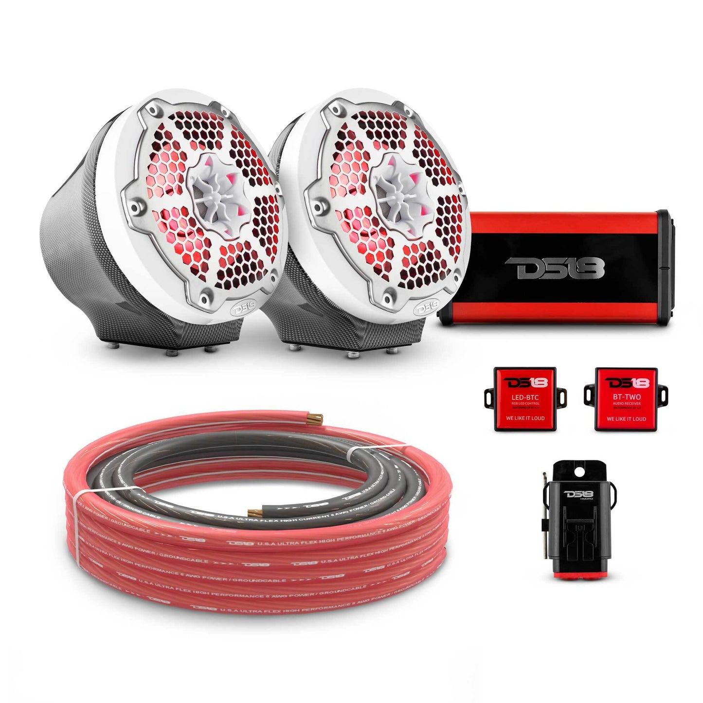 6.5" Loaded Flat Mount Speaker Pods with Amplifier, Installation Kit and RGB LED Lights, Package for Can-Am Spyder & Ryker