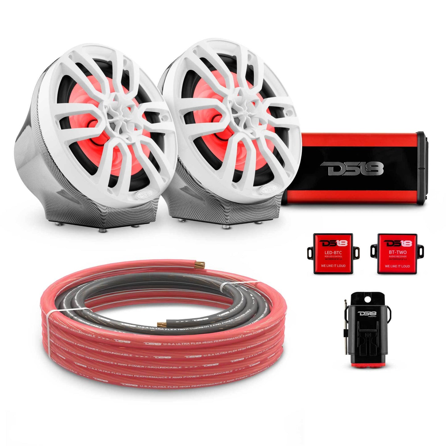 8" Loaded Flat Mount Speaker Pods with Amplifier, Installation Kit and RGB LED Lights, Package for Can-Am Spyder & Ryker