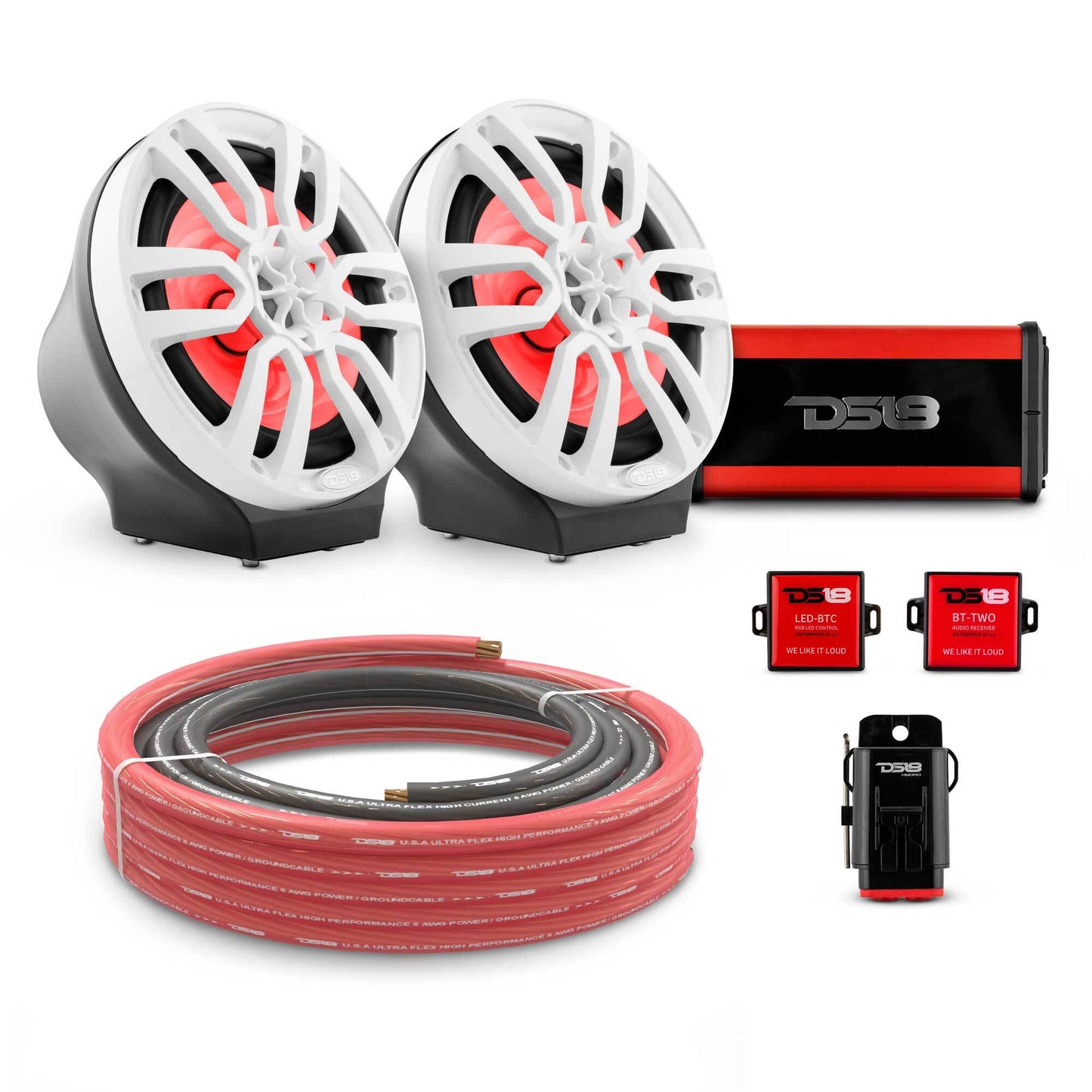 8" Loaded Flat Mount Speaker Pods with Amplifier, Installation Kit and RGB LED Lights, Package for Can-Am Spyder & Ryker