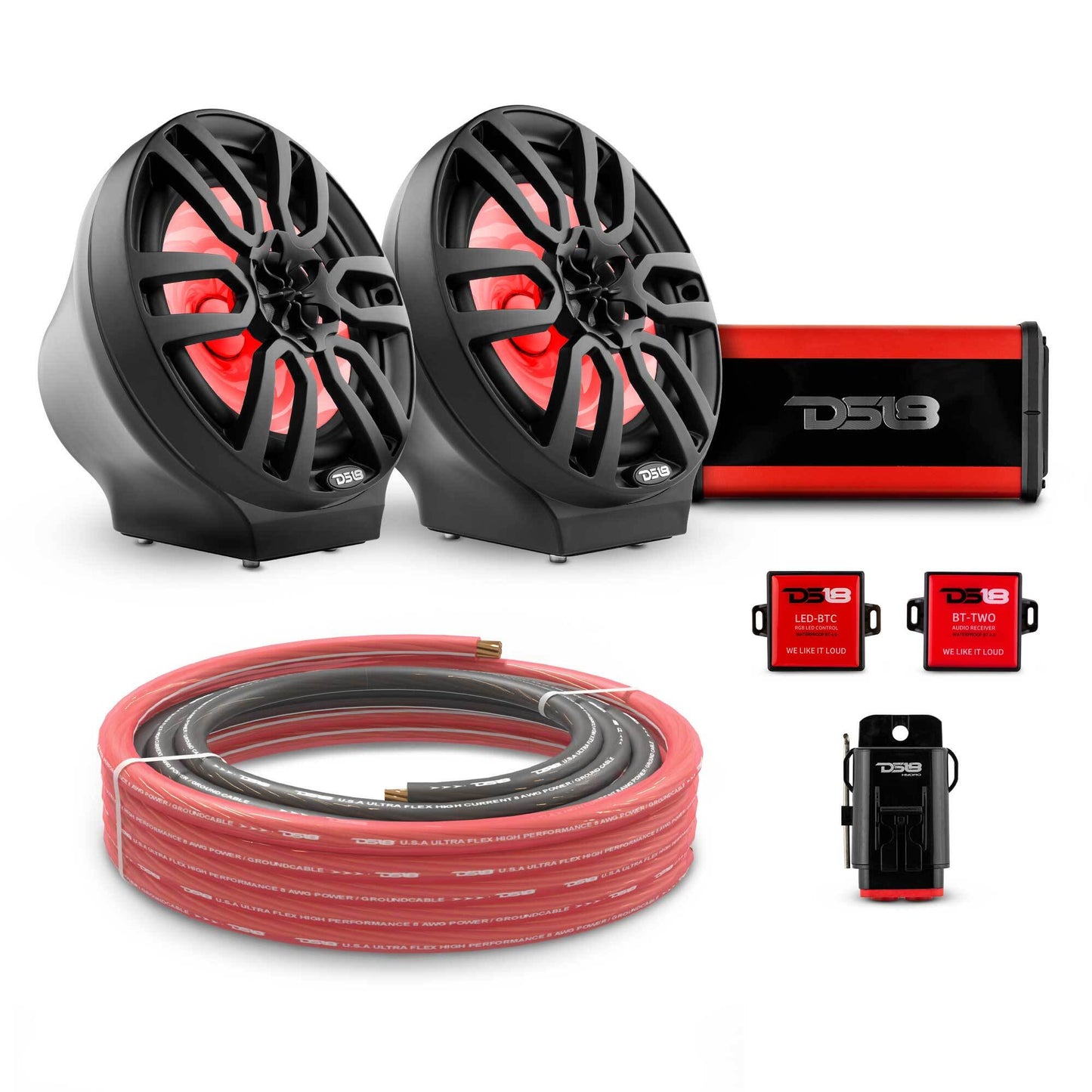 8" Loaded Flat Mount Speaker Pods with Amplifier, Installation Kit and RGB LED Lights, Package for Can-Am Spyder & Ryker