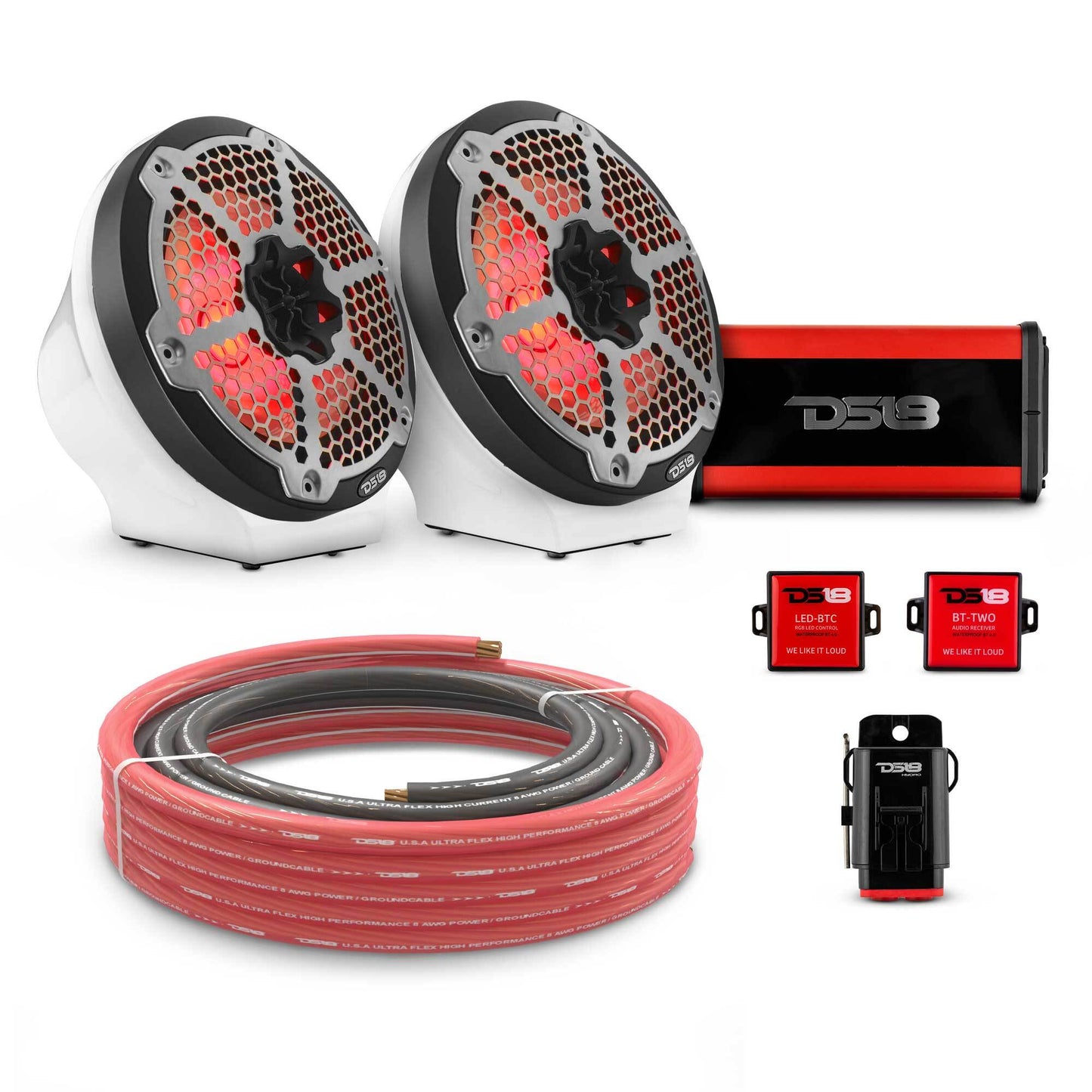 8" Loaded Flat Mount Speaker Pods with Amplifier, Installation Kit and RGB LED Lights, Package for Can-Am Spyder & Ryker