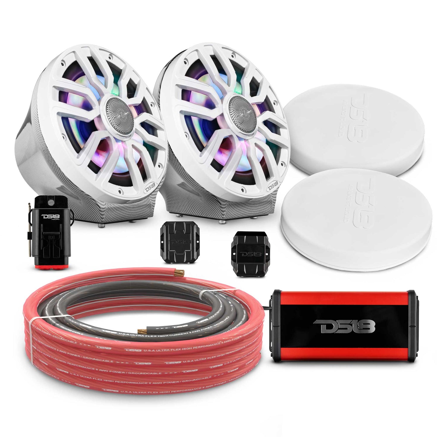 8" Loaded Flat Mount Speaker Pods with Amplifier, Installation Kit and Digital LED Lights, Package for Can-Am Spyder & Ryker