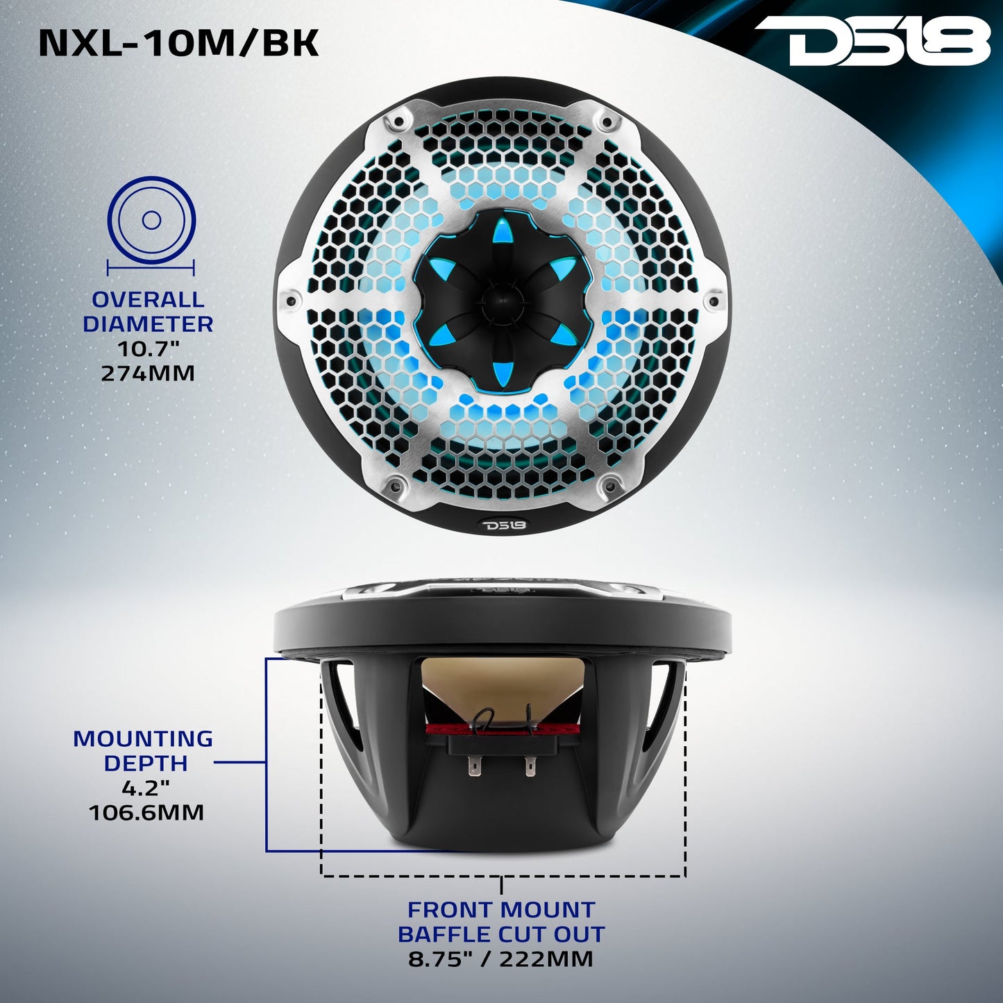 NXL 10" 2-Way Coaxial Marine Speaker With LED RGB Lights 200 Watts Rms 4-Ohm