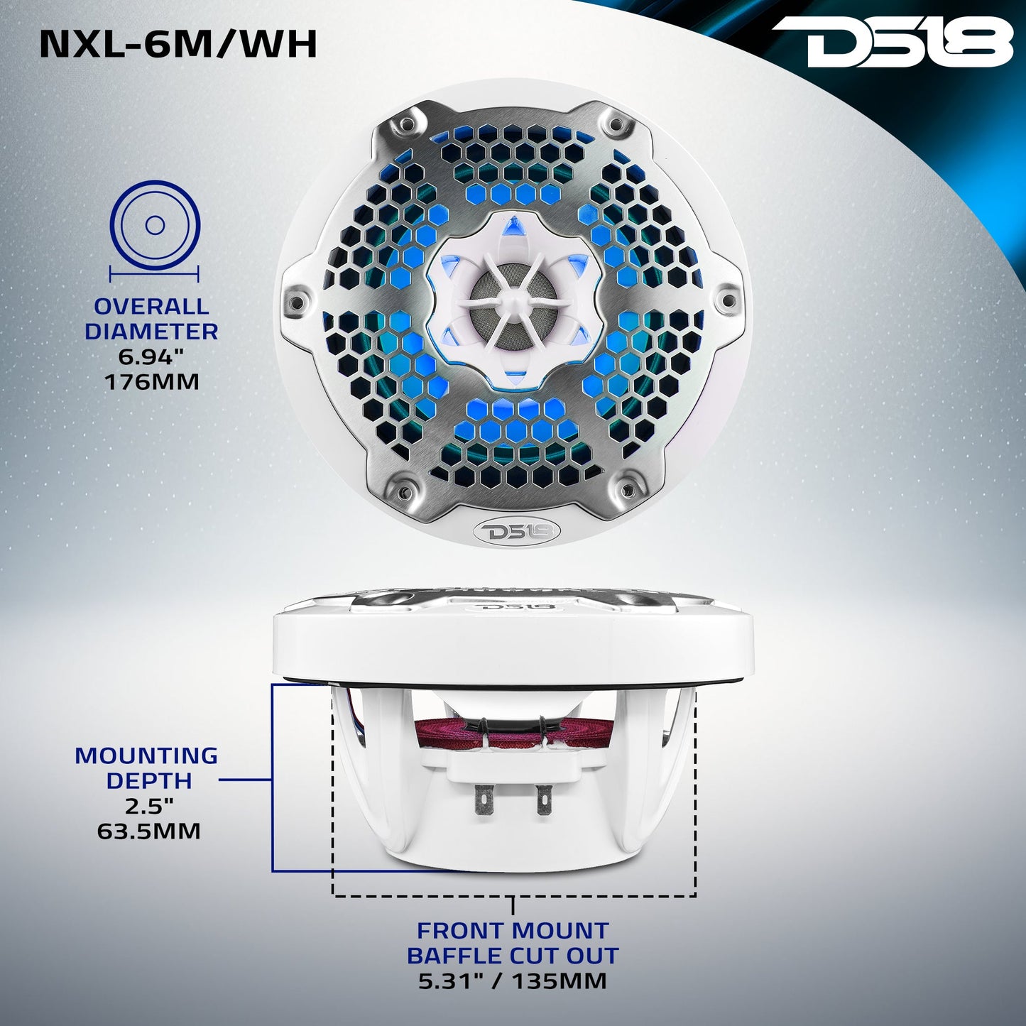 NXL 6.5" 2-Way Coaxial Marine Speaker With LED RGB Lights 100 Watts Rms 4-Ohm