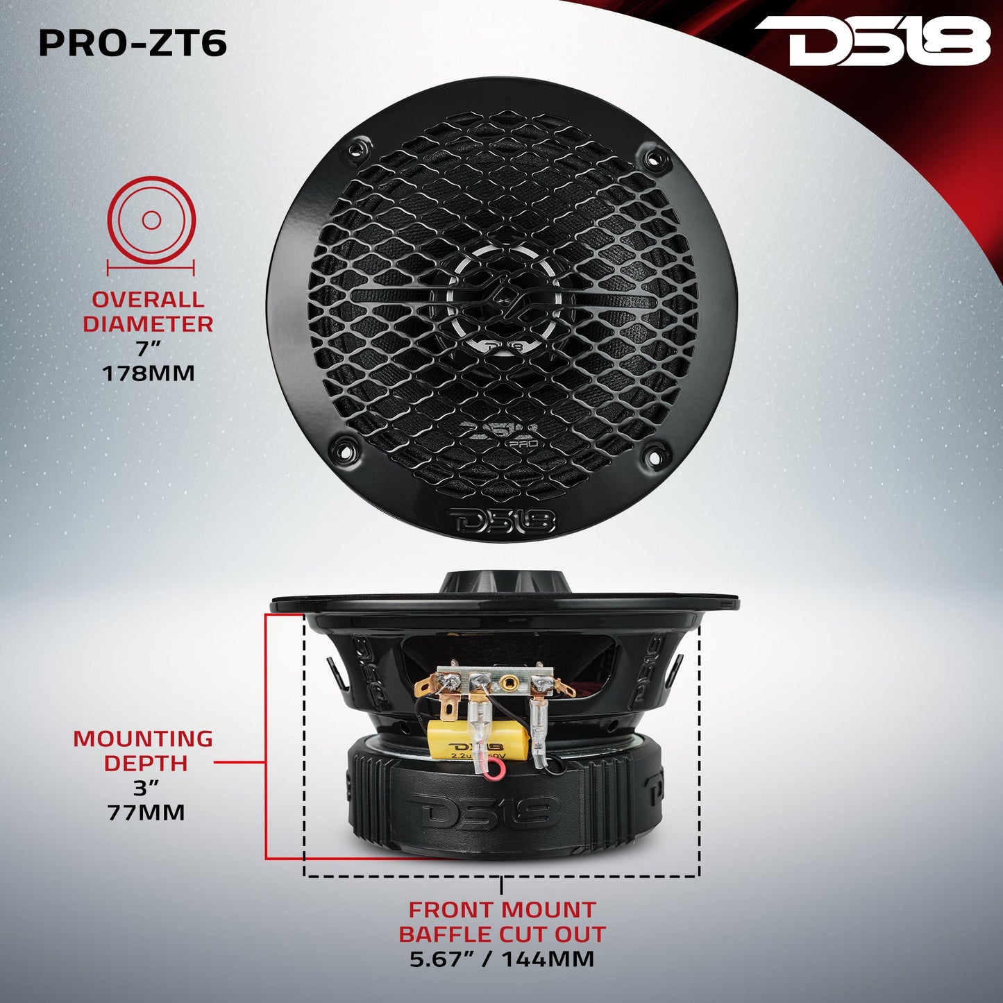 PRO-ZT 6.5" Coaxial Mid-Range Loudspeaker with Water Resistant Cone Built-in Bullet Tweeter and Grill | 225W RMS 4-Ohm