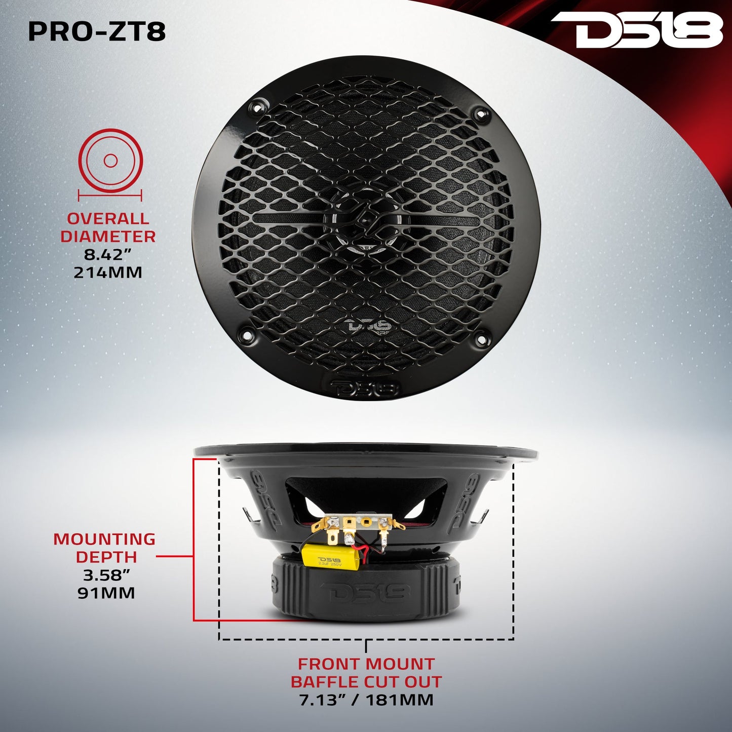 PRO-ZT 8" Coaxial Mid-Range Loudspeaker with Water Resistant Cone Built-in Bullet Tweeter and Grill | 275W RMS 4-Ohm