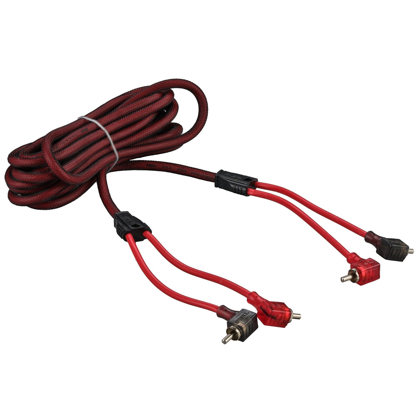 100% OFC Ultra Flex 2-Channel RCA with 90 Degree Ends, Dual Twist Wire, Red Braided Jacket - 16 ft