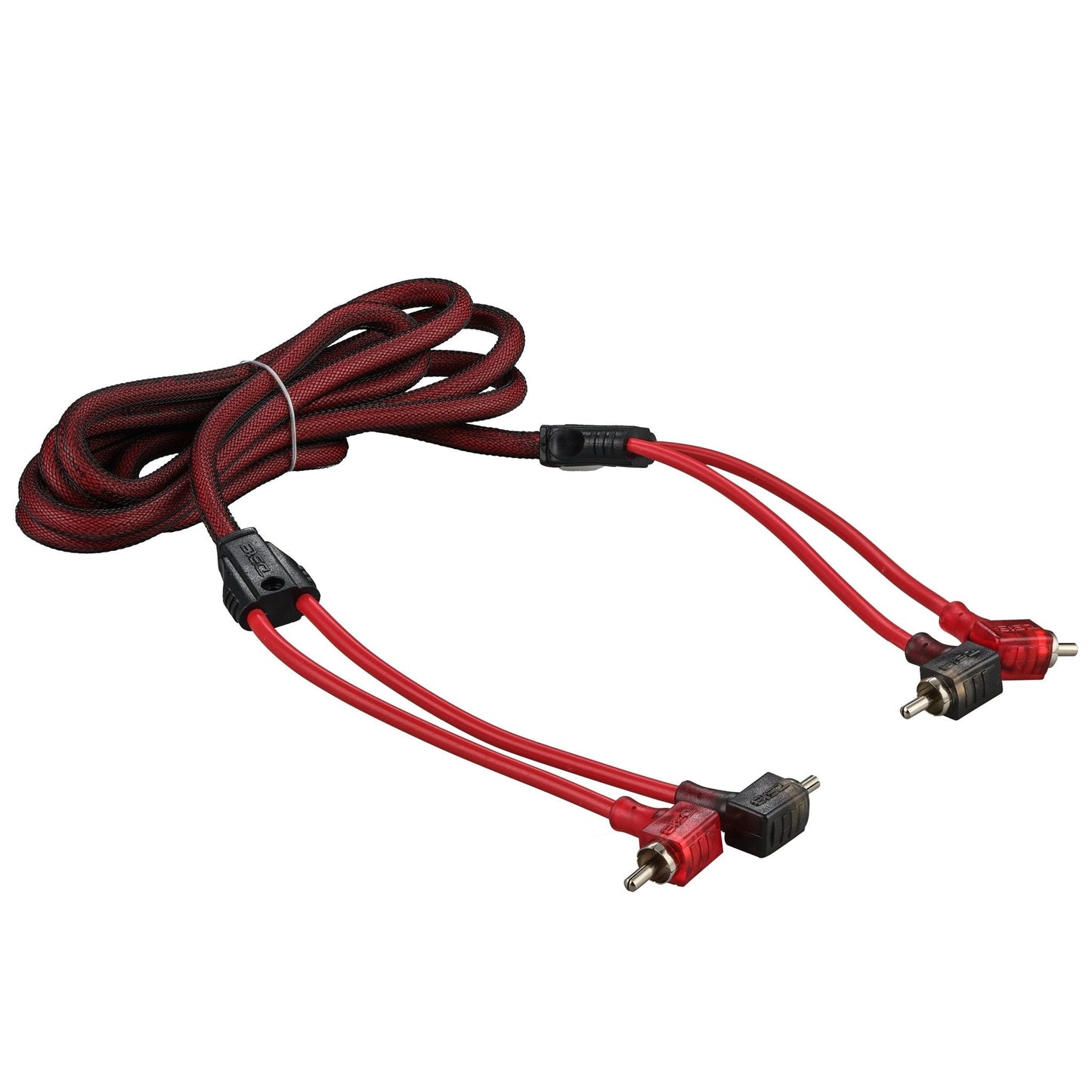 100% OFC Ultra Flex 2-Channel RCA with 90 Degree Ends, Dual Twist Wire, Red Braided Jacket - 6 ft