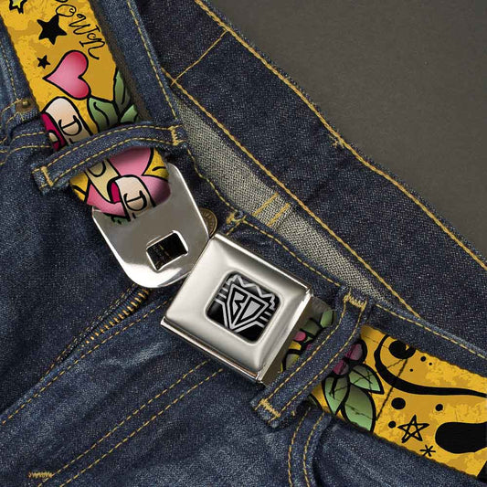 BD Wings Logo CLOSE-UP Full Color Black Silver Seatbelt Belt - Dad & Dad Yellow Webbing