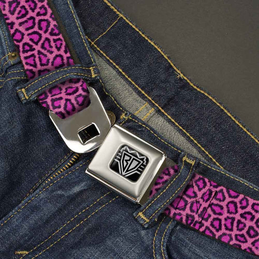 BD Wings Logo CLOSE-UP Full Color Black Silver Seatbelt Belt - Leopard Pink Fuchsia Webbing