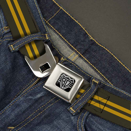 BD Wings Logo CLOSE-UP Full Color Black Silver Seatbelt Belt - Stripe Black/Gold Webbing