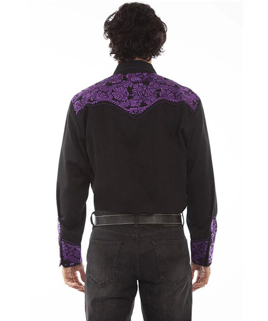 Scully Floral Tooled Embroidery - Men's Western Shirt (Purple/Black)