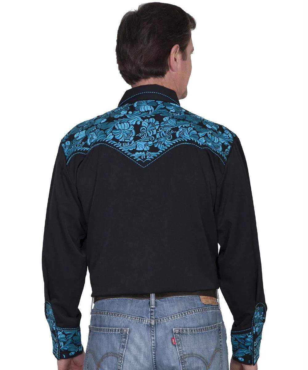 Scully Floral Tooled Embroidery - Men's Western Shirt (Black/Turquoise)