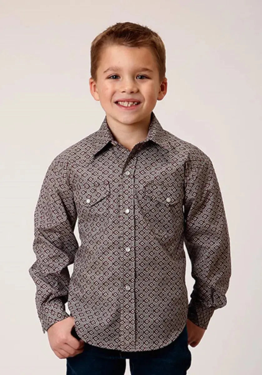 Roper Retro Print (Wine) - Boy's Western Shirt