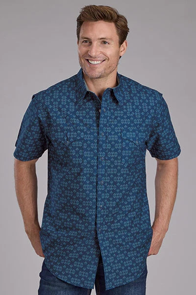 Roper 2350 Diamond Print (Blue) - Men's Short Sleeve Shirt