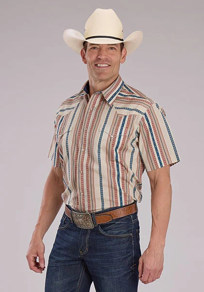 Roper 2469 Southwest Stripe (Tan) - Men's Short Sleeve Shirt