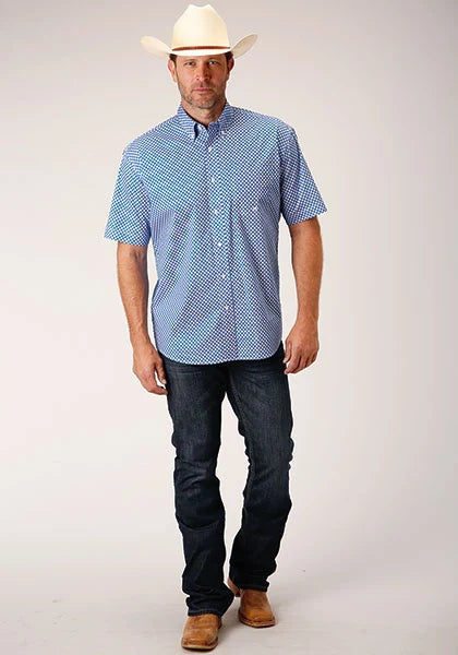 Roper 1460 Stretch Diamond Star (Blue) - Men's Short Sleeve Shirt
