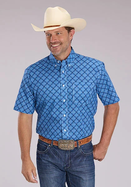 Roper 2497 Ribbon Medallion (Blue) - Men's Short Sleeve Shirt