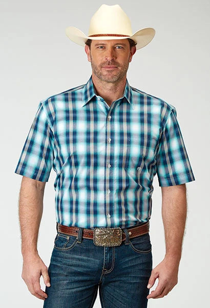 Roper 1938 Cool Breeze Plaid (Blue) - Men's Short Sleeve Shirt
