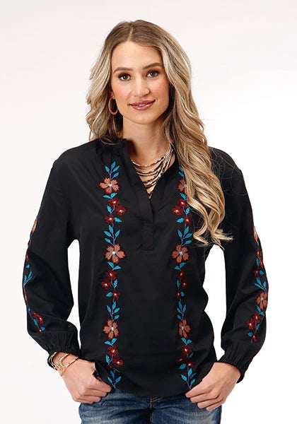 Roper 1792 Poly V-Neck (Black) - Women's Western Blouse