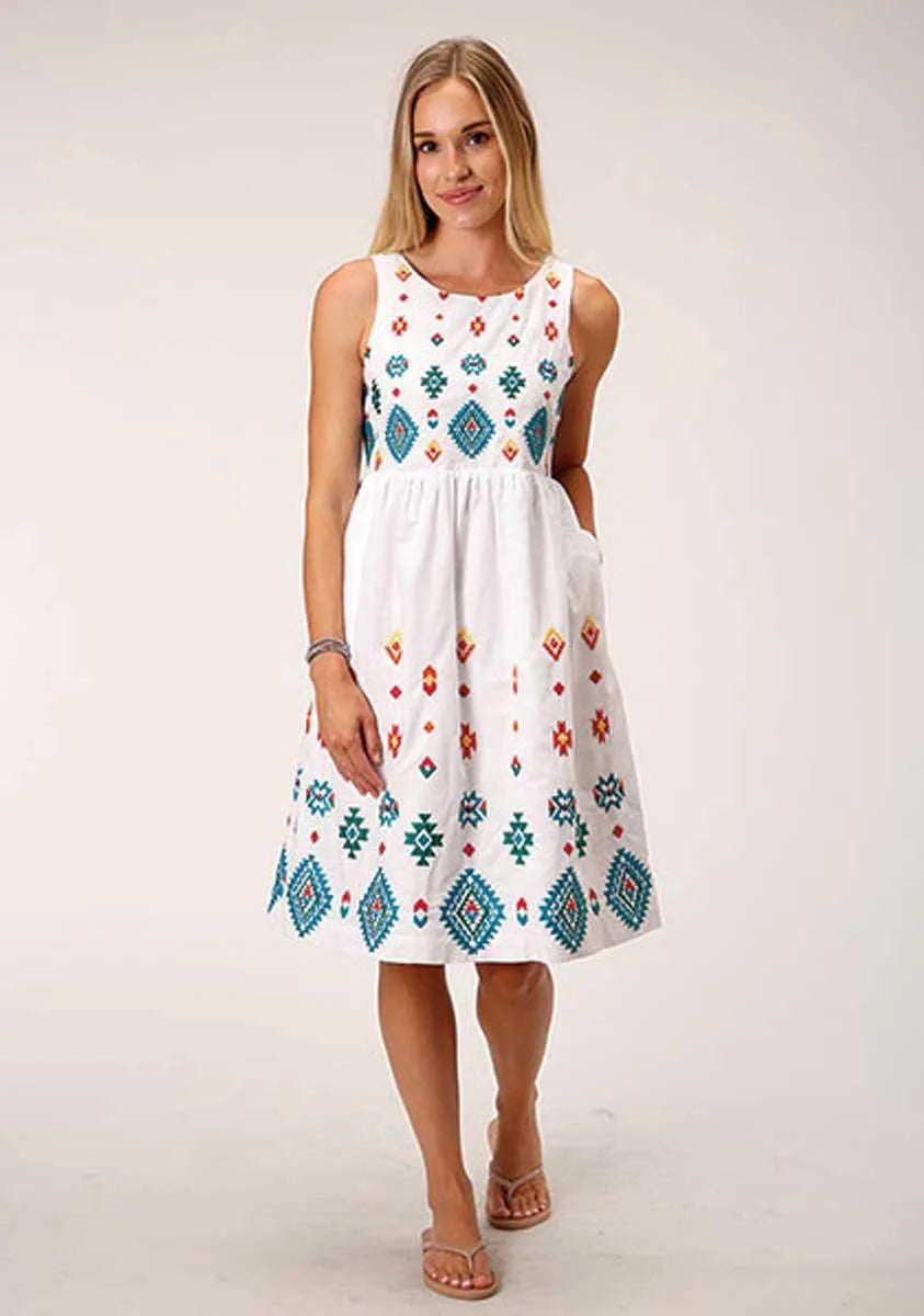 Stetson Bright Schiffli (White) - Women's Sleeveless Cotton Lawn Dress