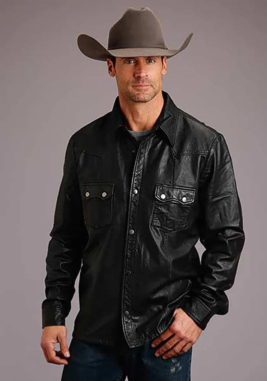 Stetson Leather Western Shirt Jacket (Black) - Men's Leather Jacket