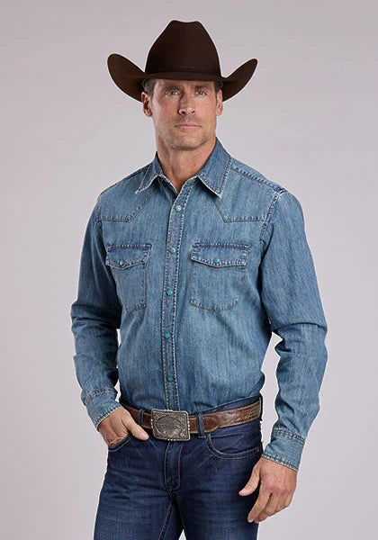 Stetson Denim with Turquoise Snaps (Blue) - Men's Western Shirt