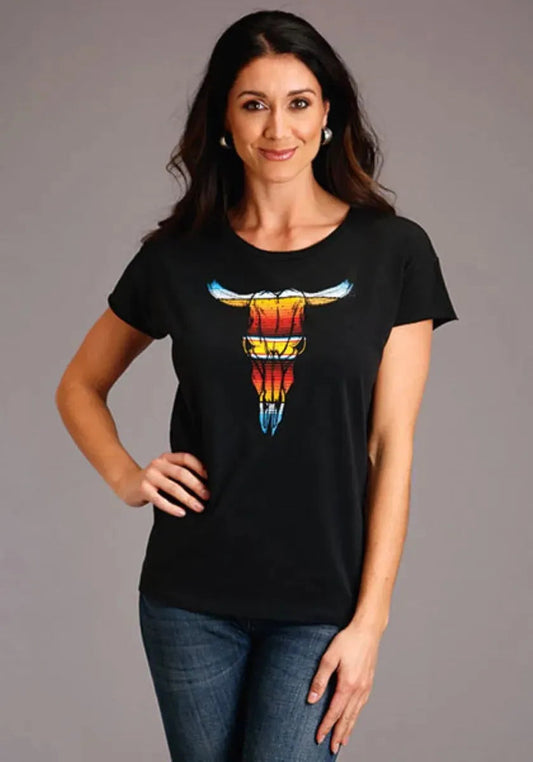 Stetson Serape Longhorn Skull (Grey) - Women's Short Sleeve T-Shirt