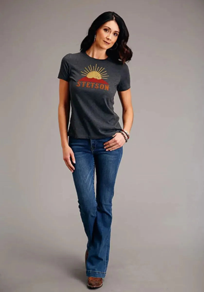 Stetson Sunset and Mountain (Grey) - Women's Short Sleeve T-Shirt