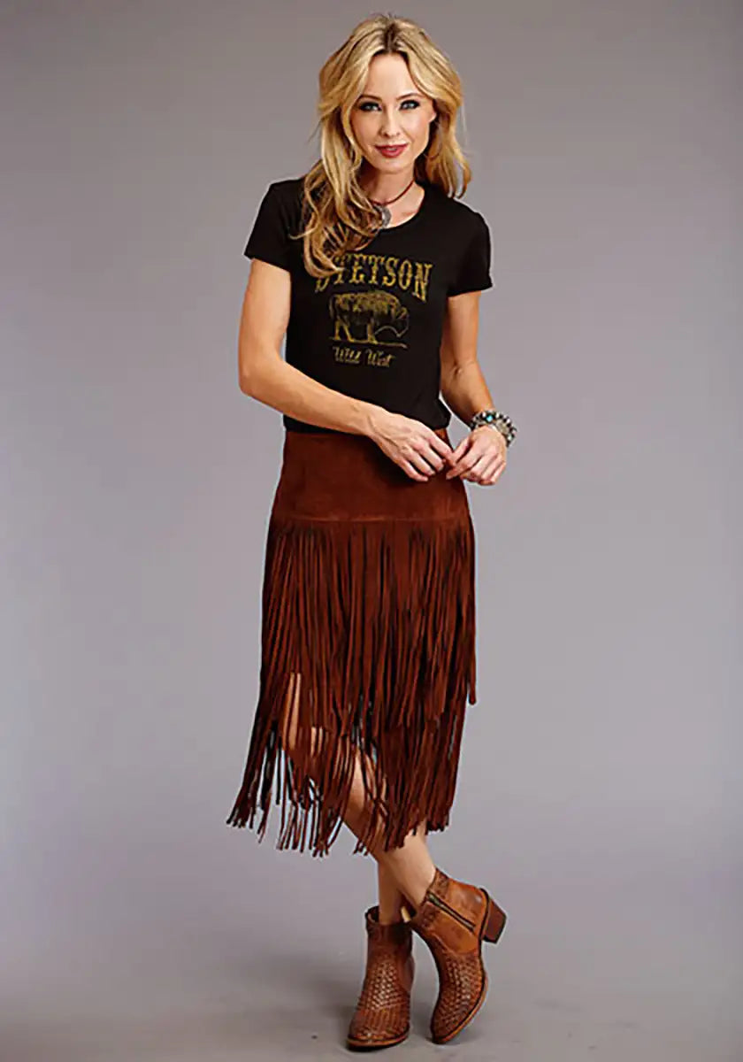 Stetson Suede Long Fringe Skirt (Brown) - Women's Skirt