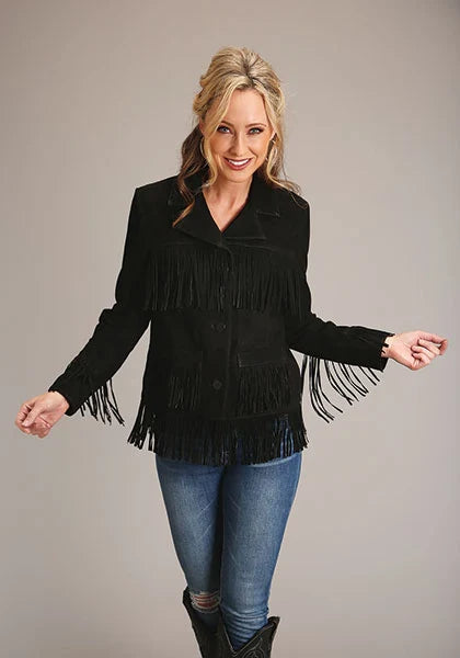 Stetson Fringed Button Front (Black) - Women's Lamb Suede Jacket