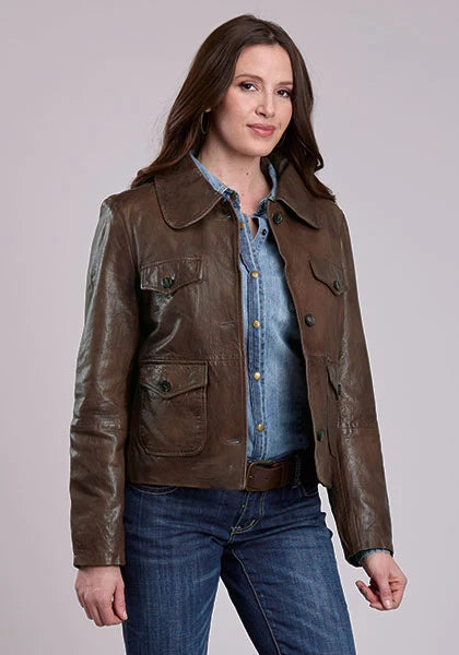 Stetson Cropped Button Front (Brown) - Women's Lamb Leather Jacket