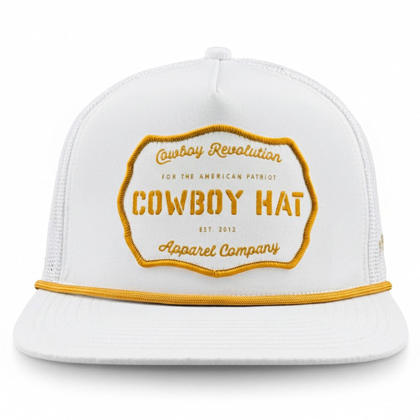“Cowboy Hat” Patch Rope Trucker Hat - White