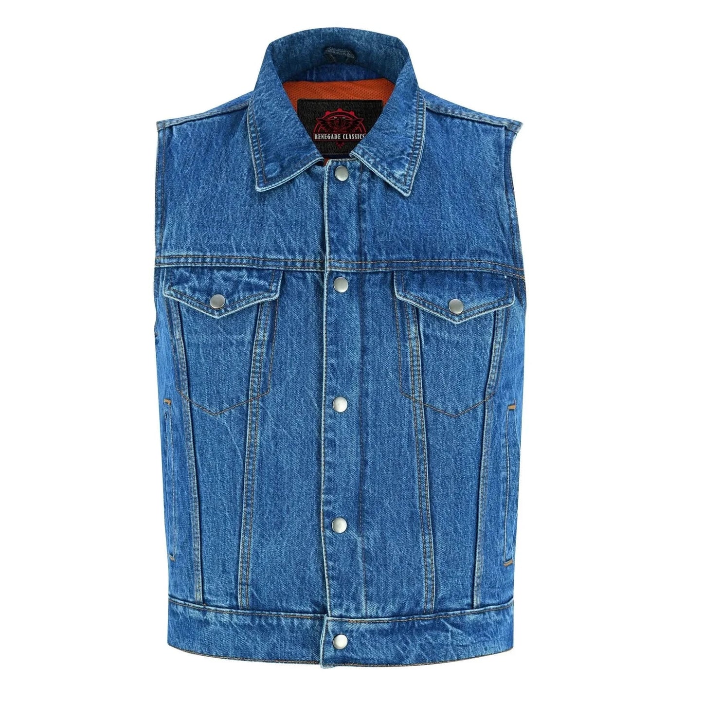 Blue Men's  denim motorcycle vest with Snap/Zipper Front