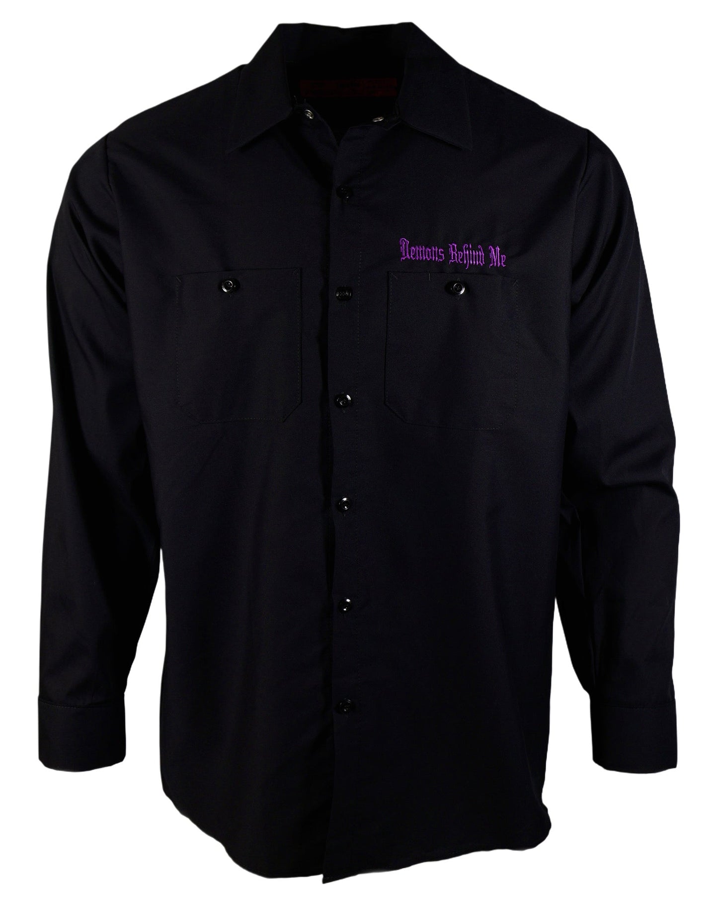 Men's Long Sleeve Black Embroidered Shop Shirt - Purple Logo