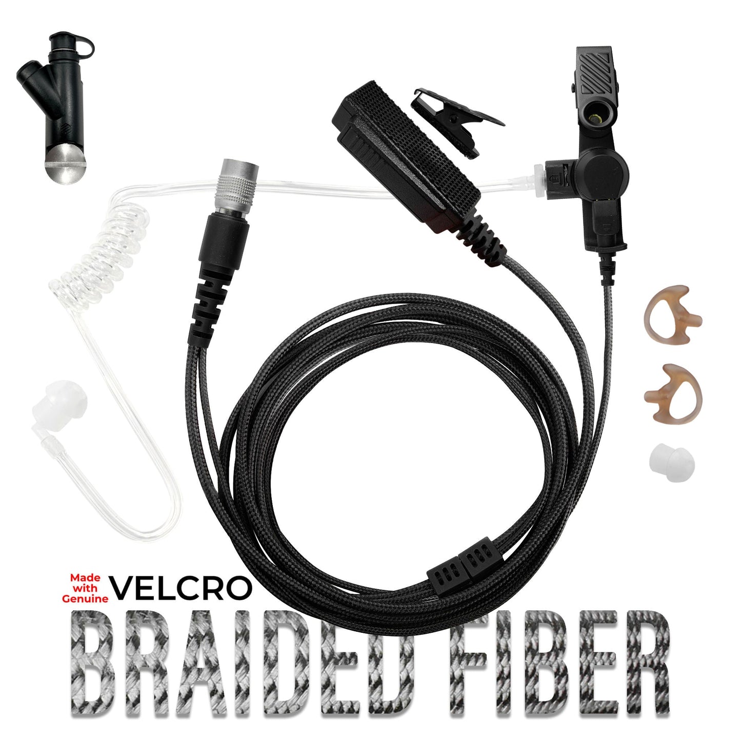Velcro Tactical Mic & Earpiece Braided Fiber Kit w/ Quick Disconnect (Hirose) - Harris: XL-150/P, XG-100/P, XL-185/P/Pi, XL-200/P/Pi, XL-400