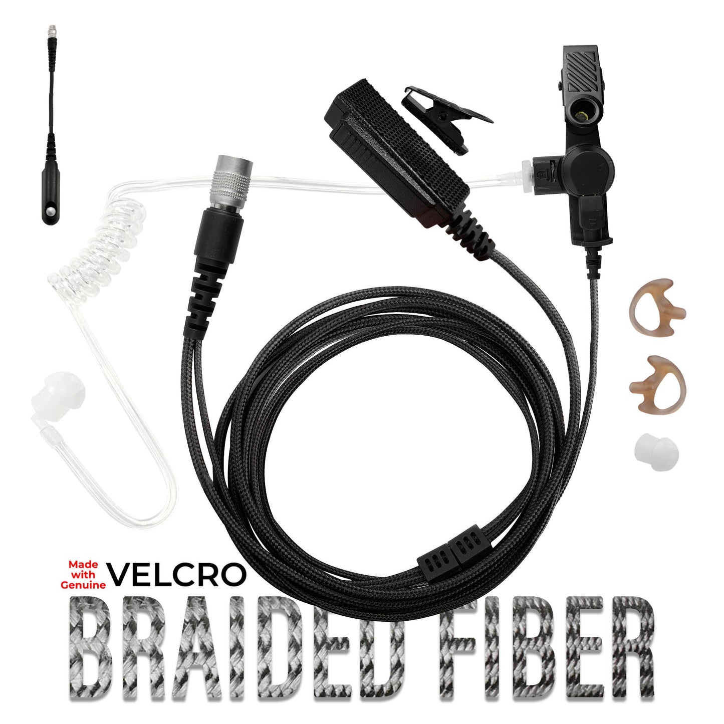 Velcro Tactical Mic & Earpiece Braided Fiber Kit w/ Quick Disconnect (Hirose) - BaoFeng: UV9G, UV9R, UV9R Plus, UV9R Pro, BF-A58, BF-558, BF-N9, UV-XR, GT-3WP, BF-9700, UV-5S, BF-R760, UV-82WP