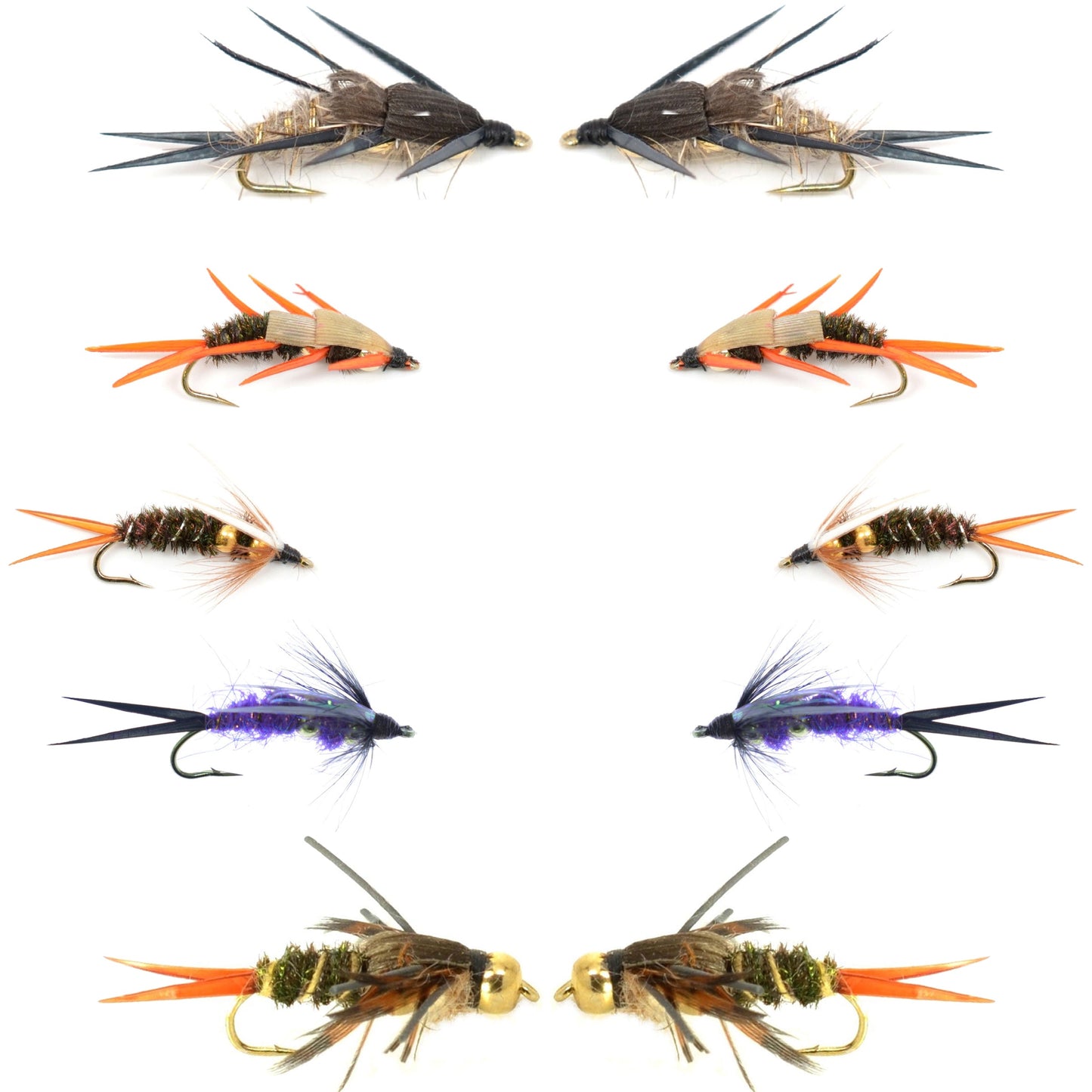 Basics Collection - Double Bead Head Nymph Assortment - 10 Wet Flies - 5 Patterns - Hook Size 10