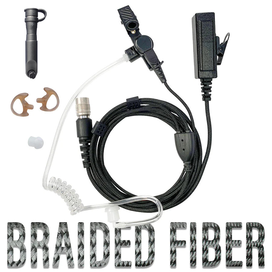 Tactical Braided Fiber Mic & Tube Earpiece Kit w/ Quick Disconnect (Hirose) Connector - Hytera PD-6xx, HP6 & HP7 Series, X1e, X1p, Z1p & More