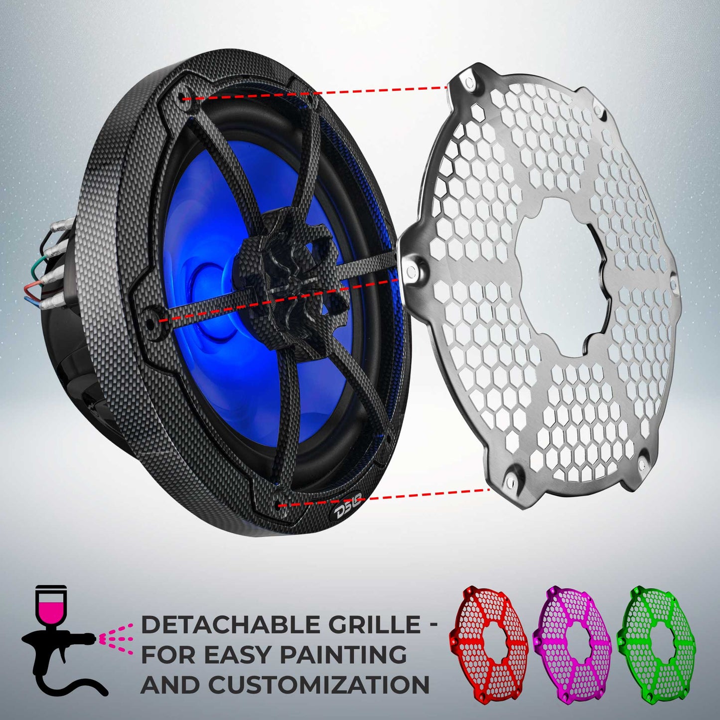 NXL 8" 2-Way Coaxial Marine Speaker With LED RGB Lights 125 Watts Rms 4-Ohm - Black Carbon Fiber